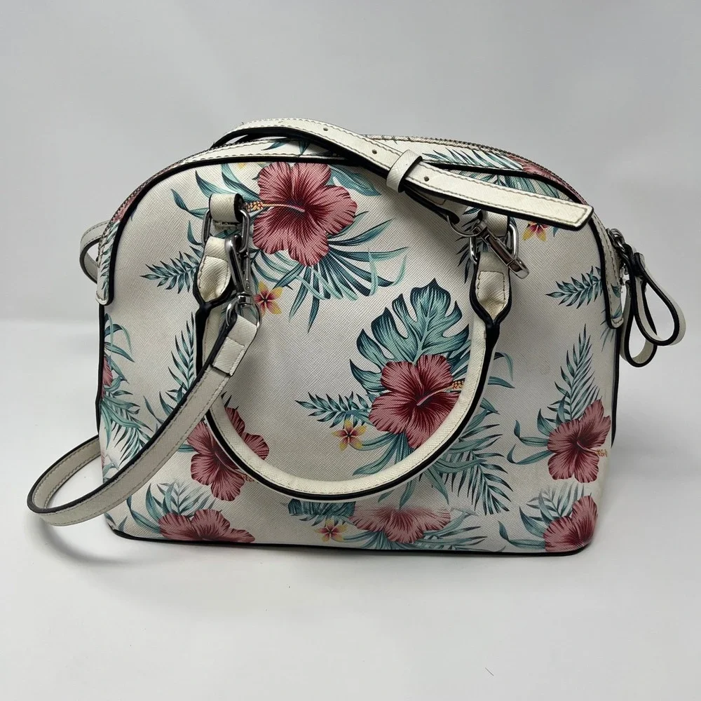 GUESS White Floral Tropical Hibiscus Dome Satchel Crossbody Bag‎ Silver Hardware